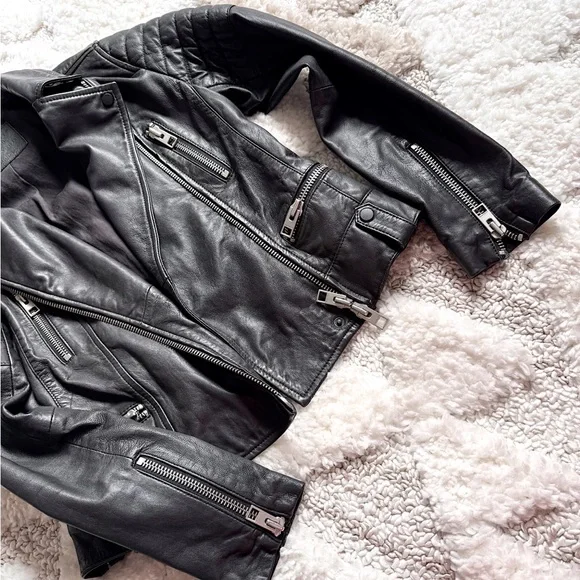 All saints huxley biker moto leather jacket black/gray US6 - Picture 3 of 8